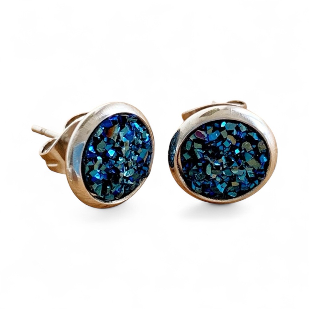 NWT Blue Druzy Surgical Steel Stud Earrings – 8mm, Hypoallergenic - Picture 6 of 10